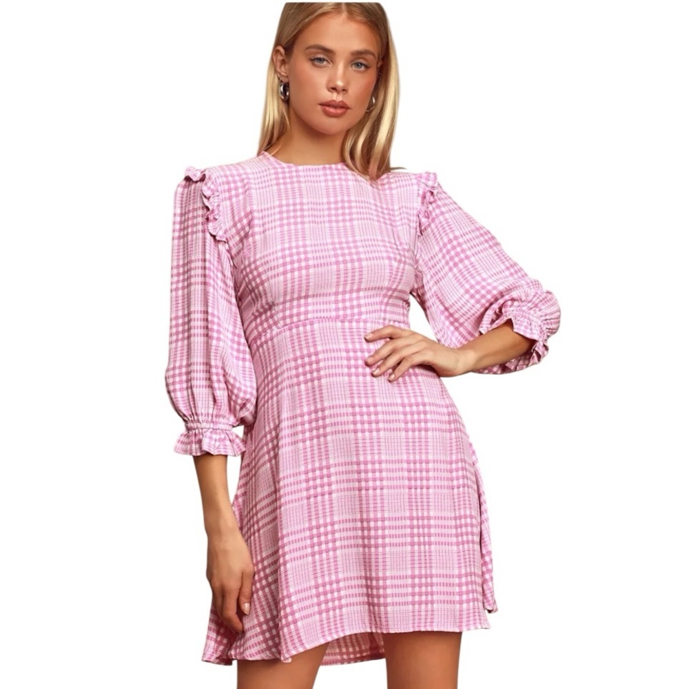 Faithful The Brand Edwina Djerra Pink Check Plaid A Line Mini Dress Women’s 4